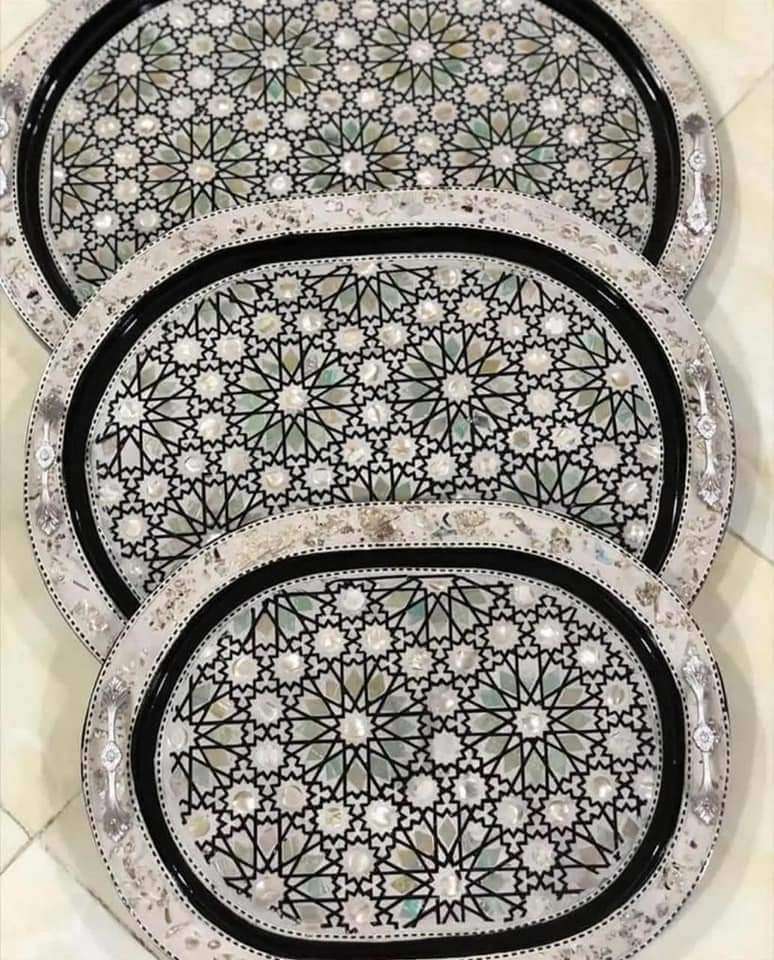 طقم صواني صدف خشب وتطعم بالصدف البدوي