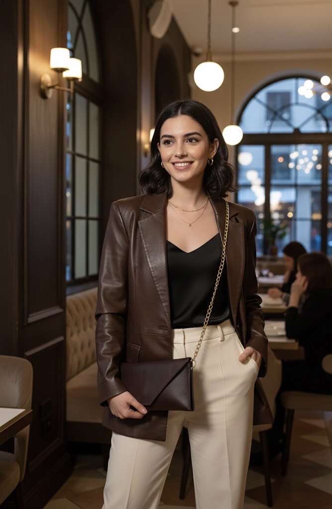 شنطة كلاتش جلد طبيعي بقري بني بمقسم داخلي ويد سلسلة