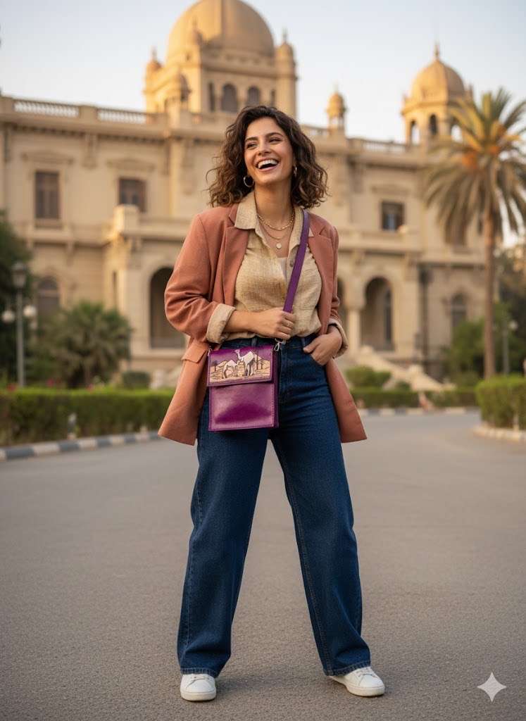 شنطة كروس جلد طبيعي بقري بنفسجي برسمة جمال وصحراء بالحرق اليدوي