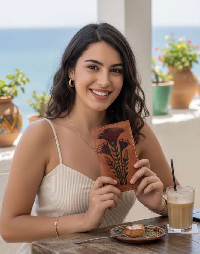 محفظة بوك حريمي جلد طبيعي سميك رسمة زهرة اللوتس