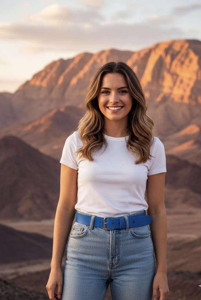 حزام وسط بنطلون جينز AMY جلد طبيعي لون أزرق ملكي بأبزيم معدني
