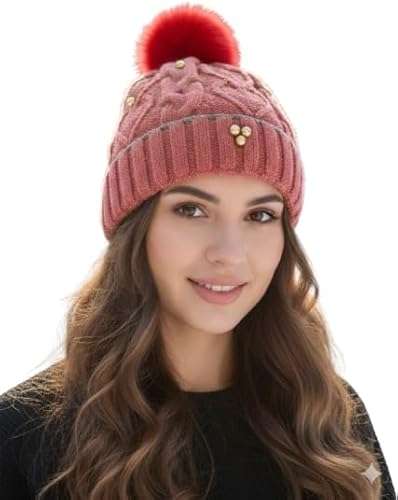 قبعة شتوية نسائية - حياكة كابل أنيقة مع زينة خرز-B0GG76PGPX