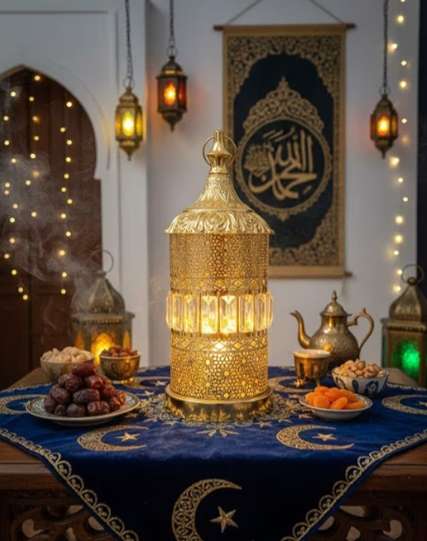 فانوس رمضان كبير وفاخر باللون الذهبي، مزين بالماس المتلألئ