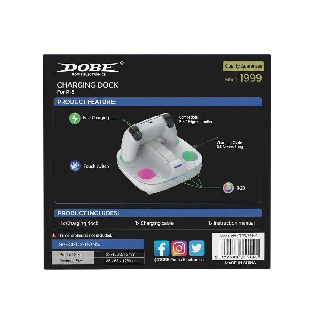 شاحن دراعات بلايستيشن 5 دوبي - Dobe TP5-35115 سريع بإضاءة RGB لون ابيض