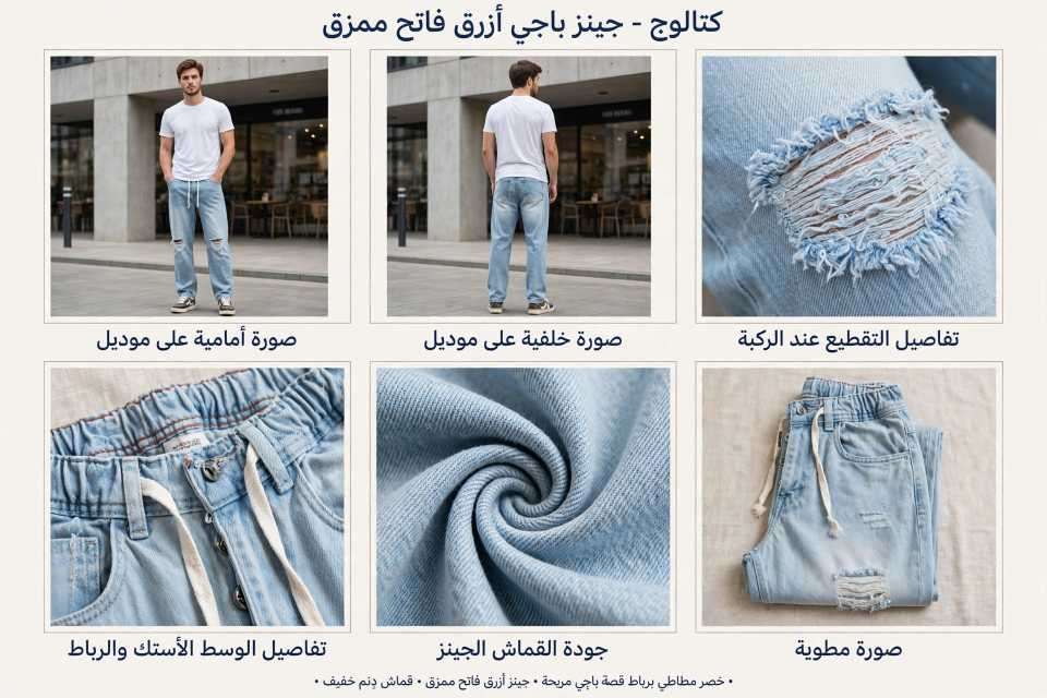 بنطلون جينز باجي أزرق فاتح - مقطع عند الركبة - وسط أستك برباط -